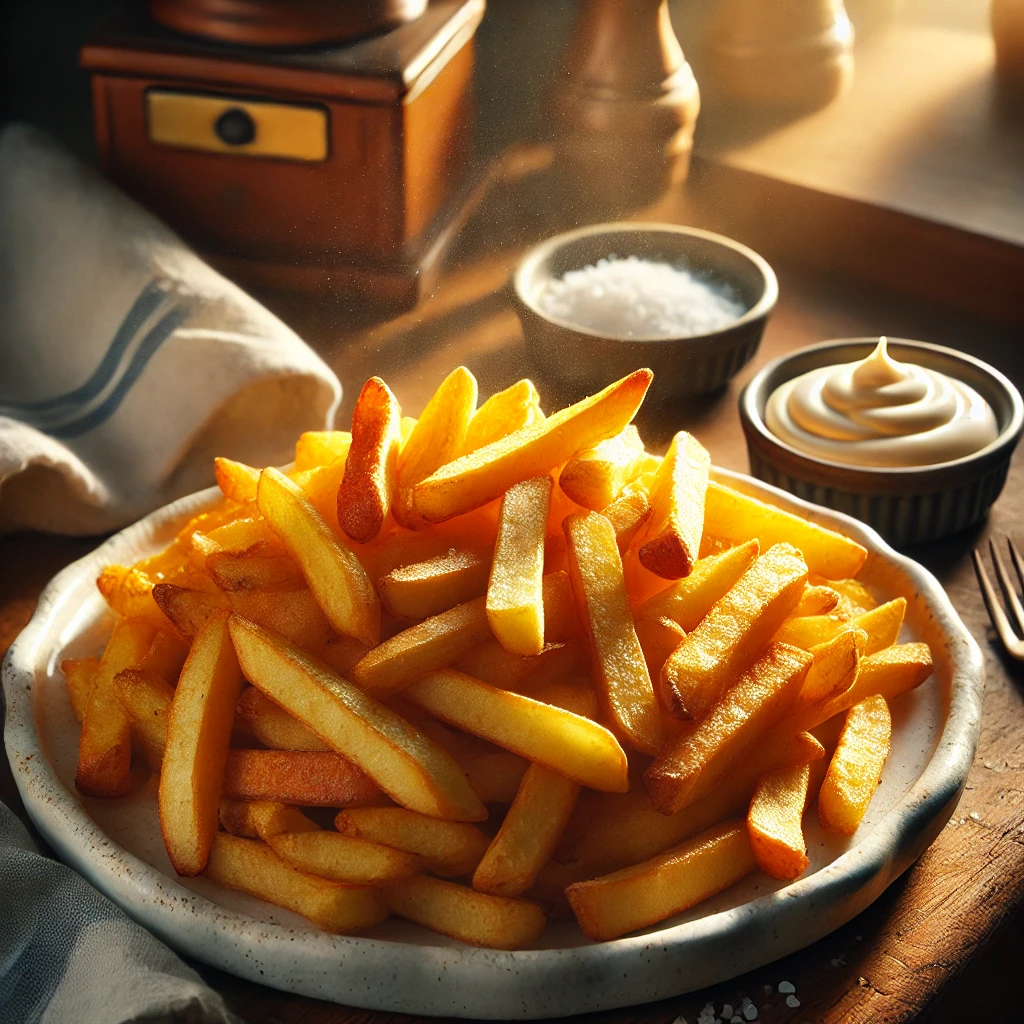 Acheter des frites fraiches pour pouvoir les déguster dans une assiette généreuse avec des sauces